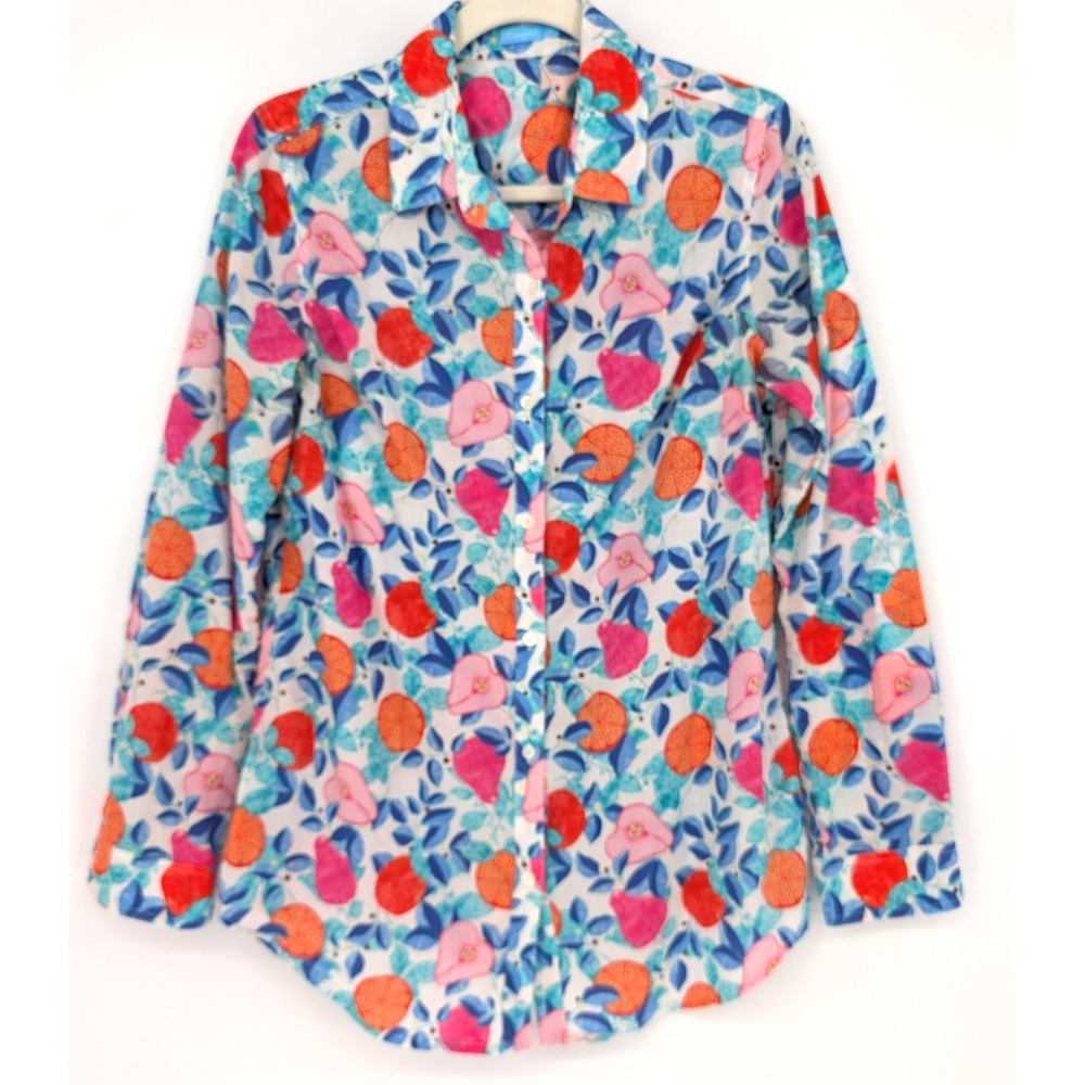 J. McLaughlin Lois Cotton Button Up Shirt Small Fruit AOP Preppy Chic Coastal